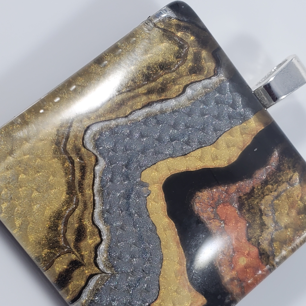 Handmade Abstract Art Pendant • Leather Base • Glass Cabochon Necklace - Picture 8 of 9
